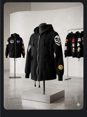 Black Zip-Up Hoodie with Patch Details